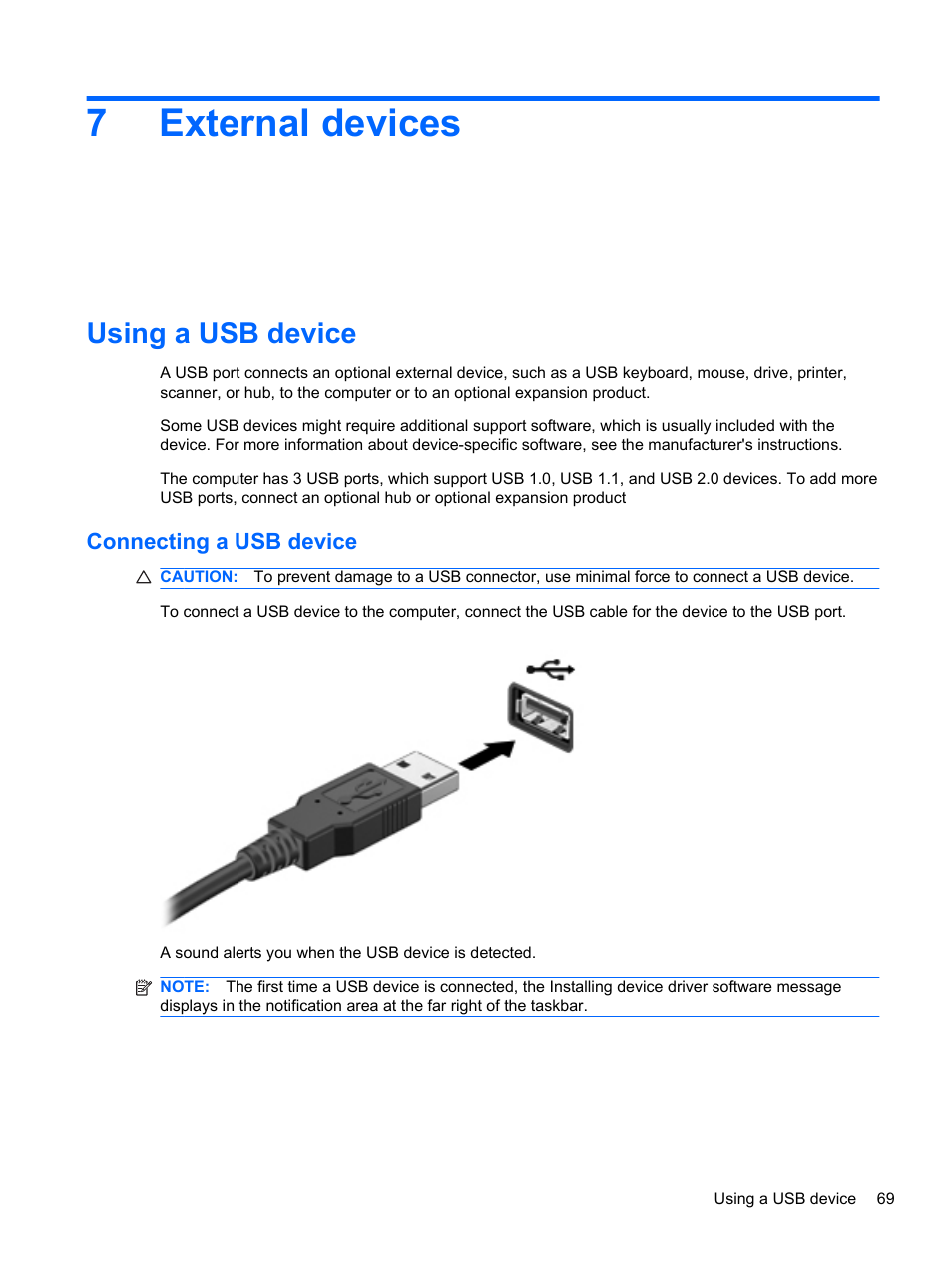 External devices, Using a usb device, Connecting a usb device | 7external devices | HP Pavilion dv6-4051nr Entertainment Notebook PC User Manual | Page 75 / 107