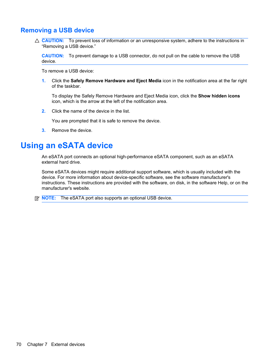 Removing a usb device, Using an esata device | HP Pavilion dv6-4051nr Entertainment Notebook PC User Manual | Page 76 / 107