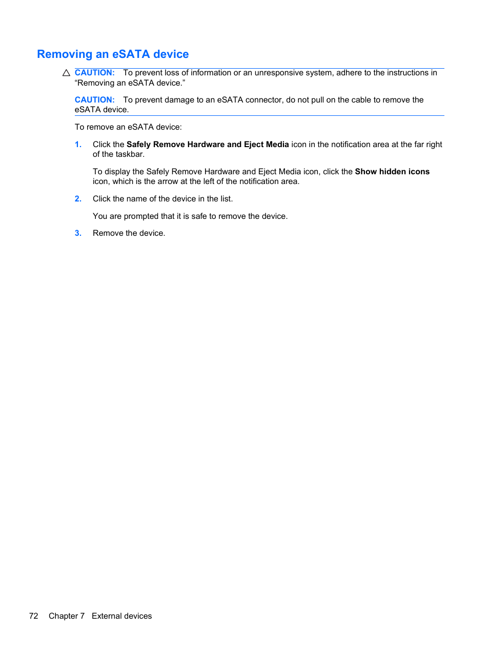 Removing an esata device | HP Pavilion dv6-4051nr Entertainment Notebook PC User Manual | Page 78 / 107