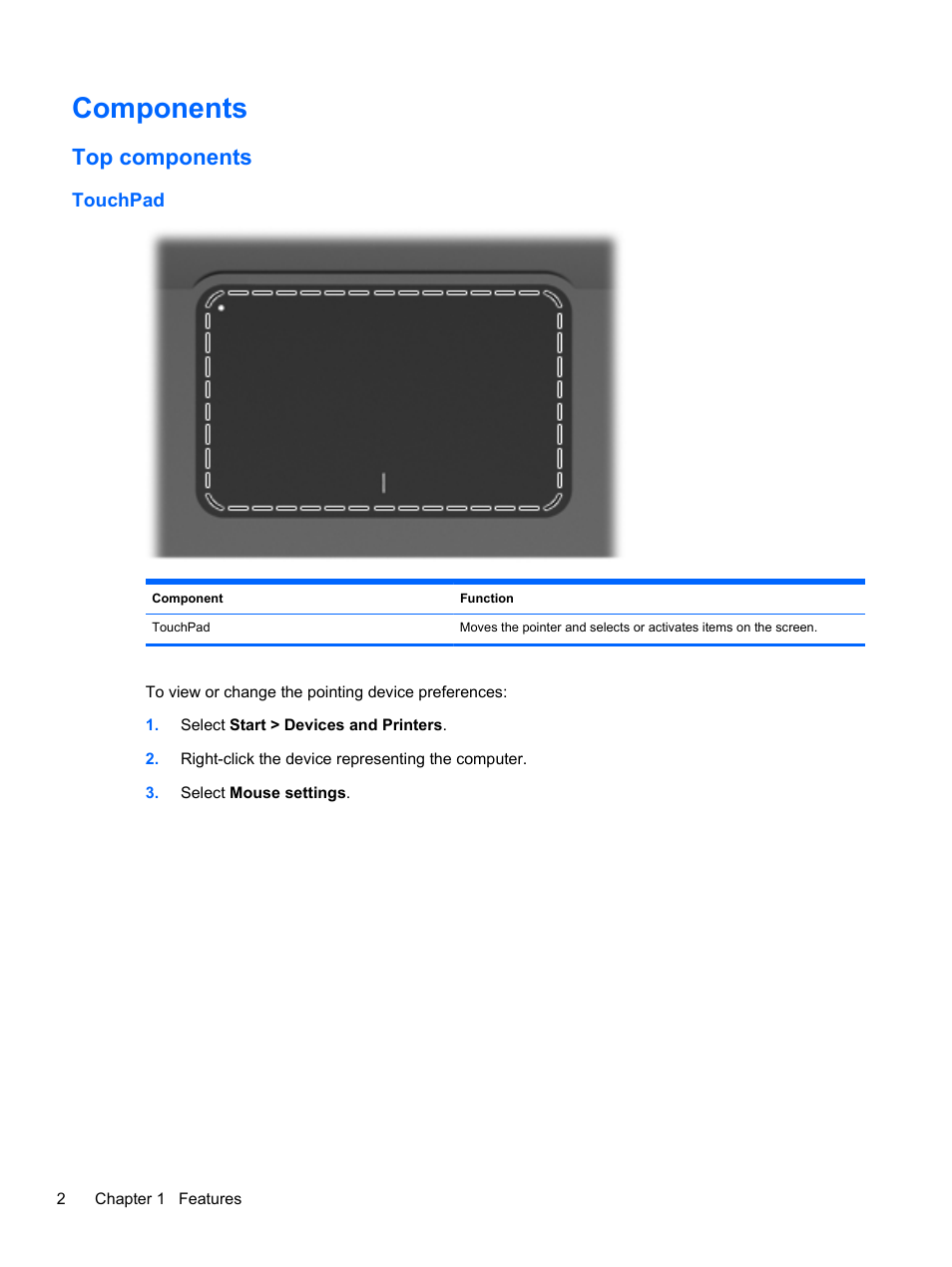 Components, Top components, Touchpad | HP Pavilion dv6-4051nr Entertainment Notebook PC User Manual | Page 8 / 107