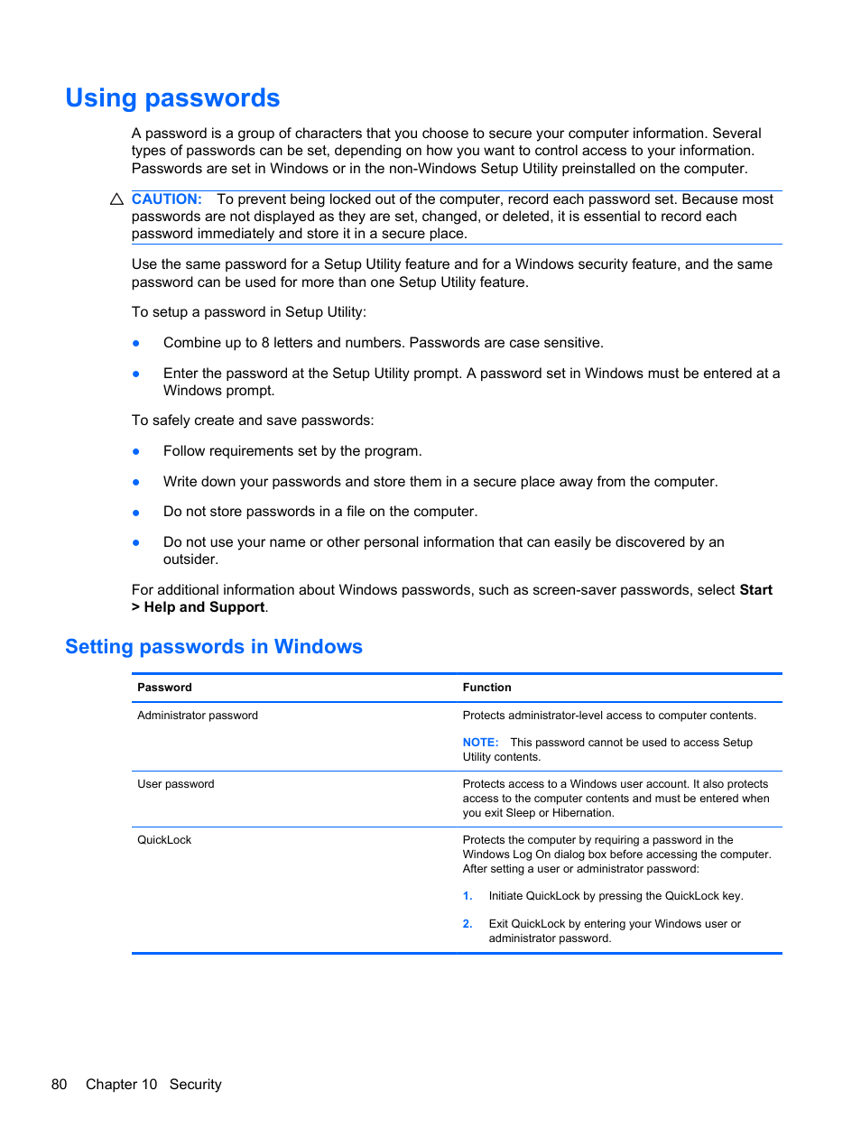 Using passwords, Setting passwords in windows | HP Pavilion dv6-4051nr Entertainment Notebook PC User Manual | Page 86 / 107