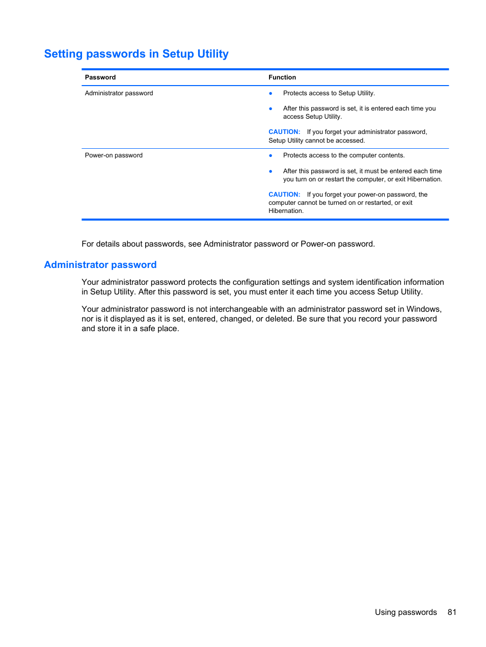 Setting passwords in setup utility, Administrator password | HP Pavilion dv6-4051nr Entertainment Notebook PC User Manual | Page 87 / 107