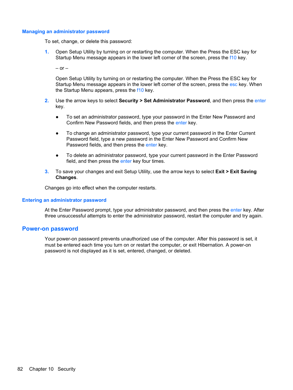 Managing an administrator password, Entering an administrator password, Power-on password | HP Pavilion dv6-4051nr Entertainment Notebook PC User Manual | Page 88 / 107