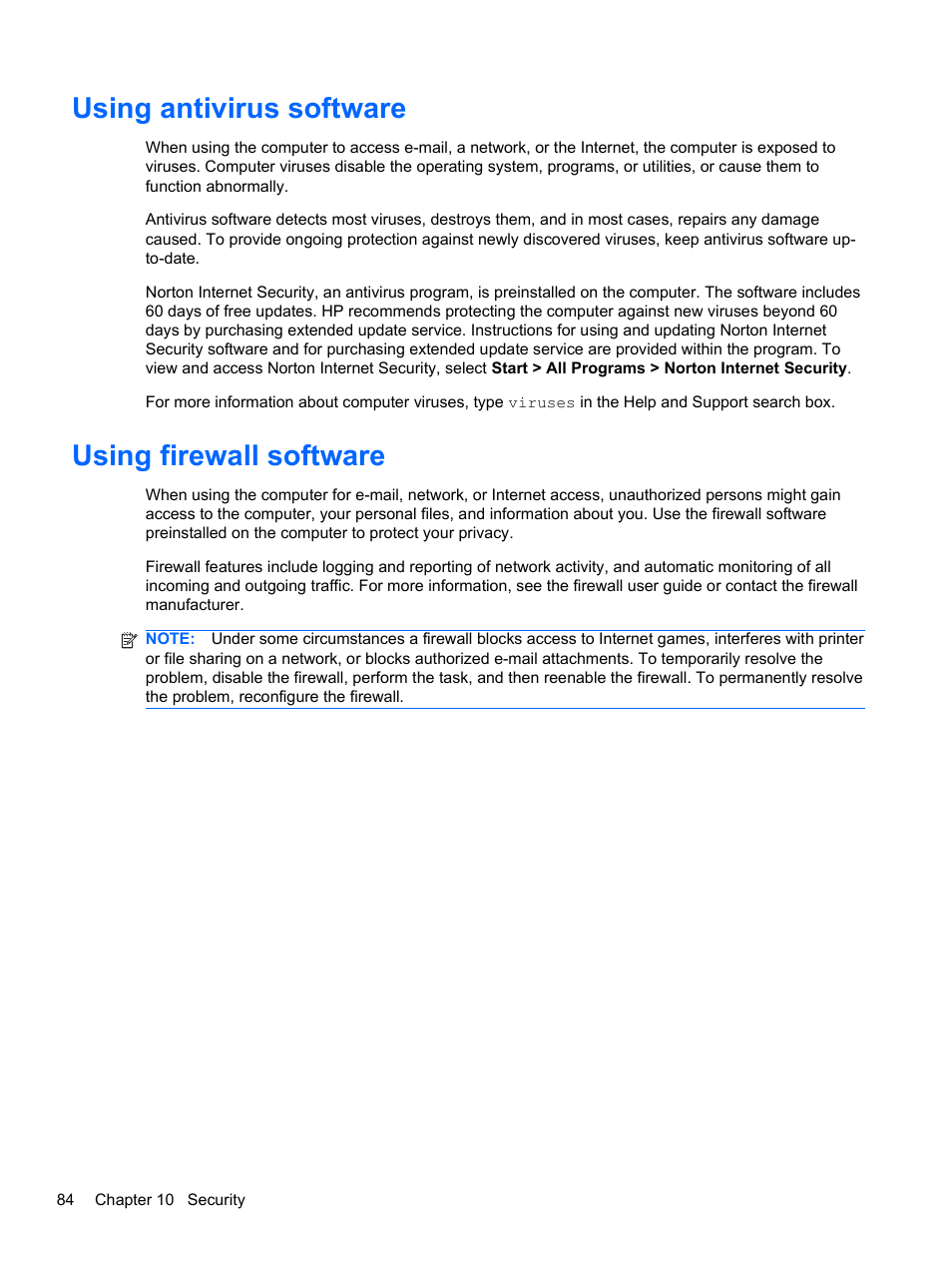 Using antivirus software, Using firewall software | HP Pavilion dv6-4051nr Entertainment Notebook PC User Manual | Page 90 / 107