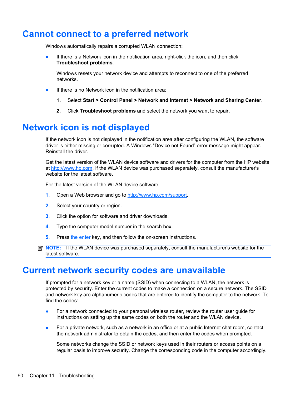 Cannot connect to a preferred network, Network icon is not displayed, Current network security codes are unavailable | HP Pavilion dv6-4051nr Entertainment Notebook PC User Manual | Page 96 / 107