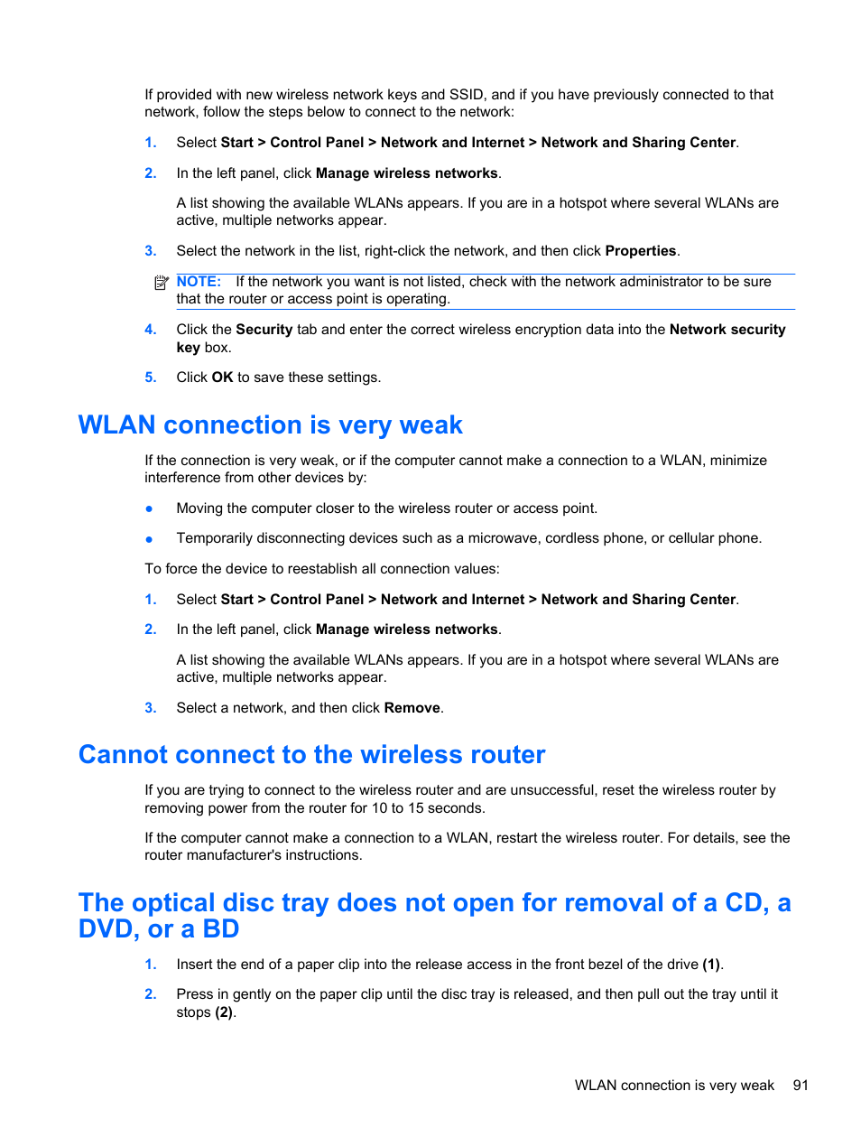 Wlan connection is very weak, Cannot connect to the wireless router | HP Pavilion dv6-4051nr Entertainment Notebook PC User Manual | Page 97 / 107