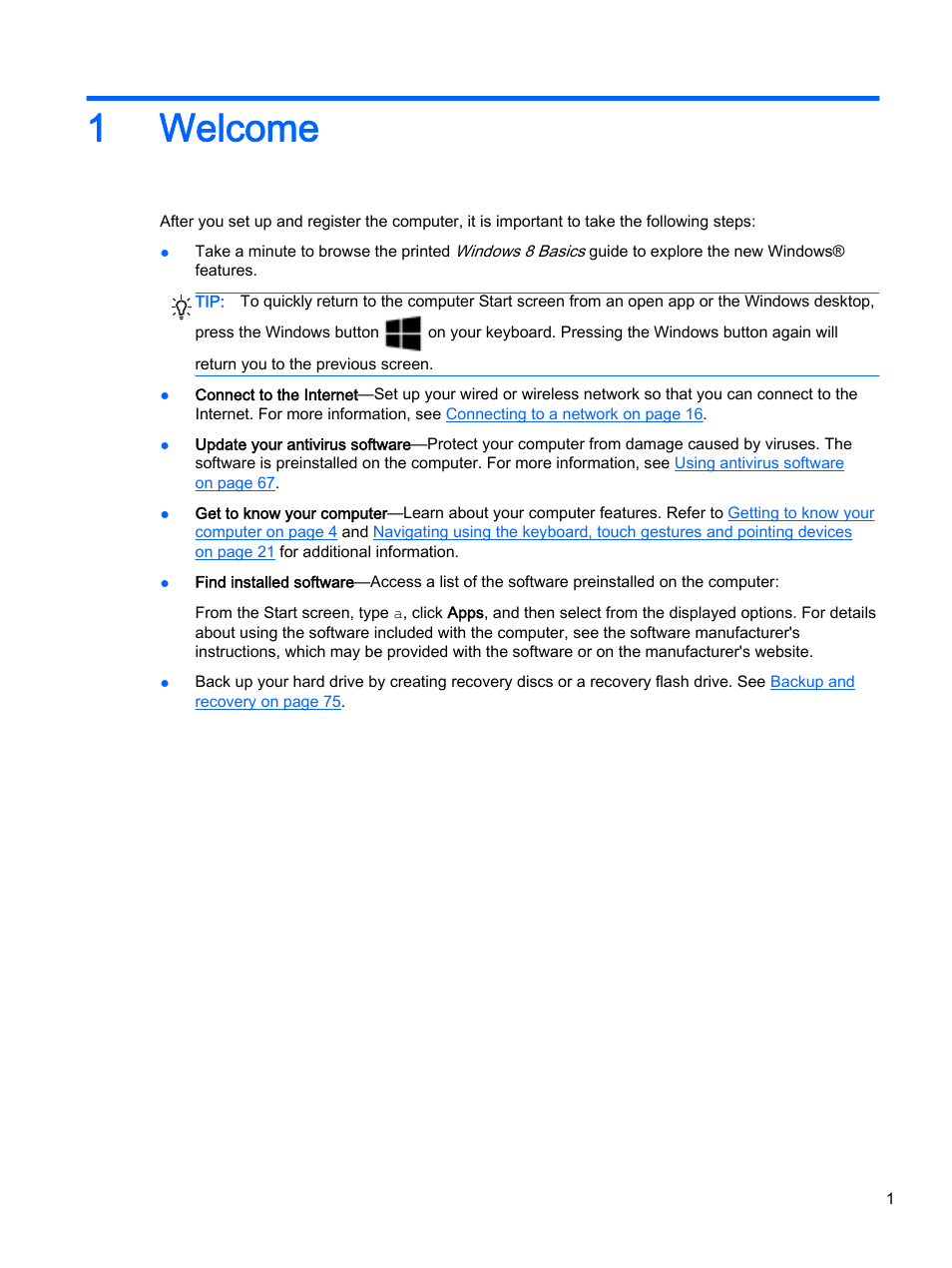 Welcome, 1 welcome, 1welcome | HP ProBook 455 G1 Notebook PC User Manual | Page 11 / 109
