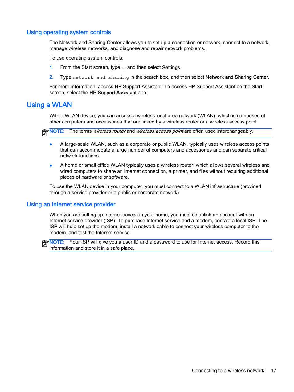 Using operating system controls, Using a wlan, Using an internet service provider | HP ProBook 455 G1 Notebook PC User Manual | Page 27 / 109