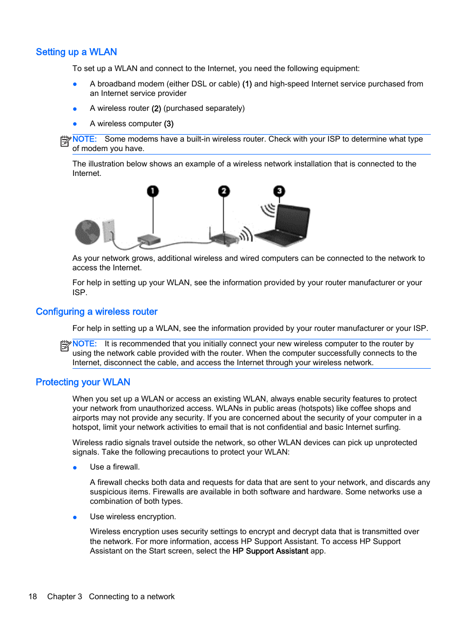 Setting up a wlan, Configuring a wireless router, Protecting your wlan | HP ProBook 455 G1 Notebook PC User Manual | Page 28 / 109