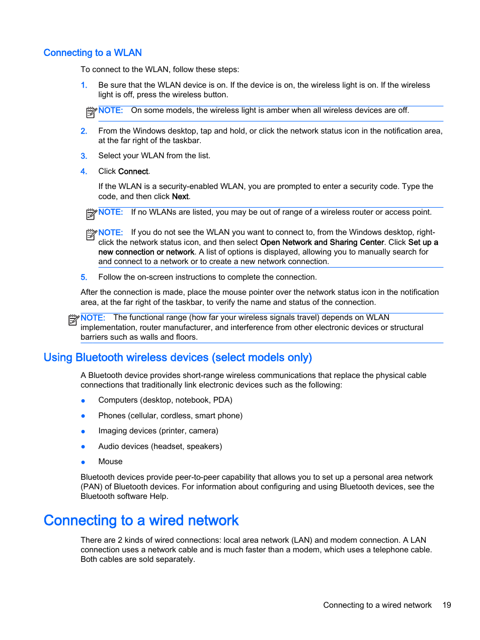 Connecting to a wlan, Connecting to a wired network | HP ProBook 455 G1 Notebook PC User Manual | Page 29 / 109
