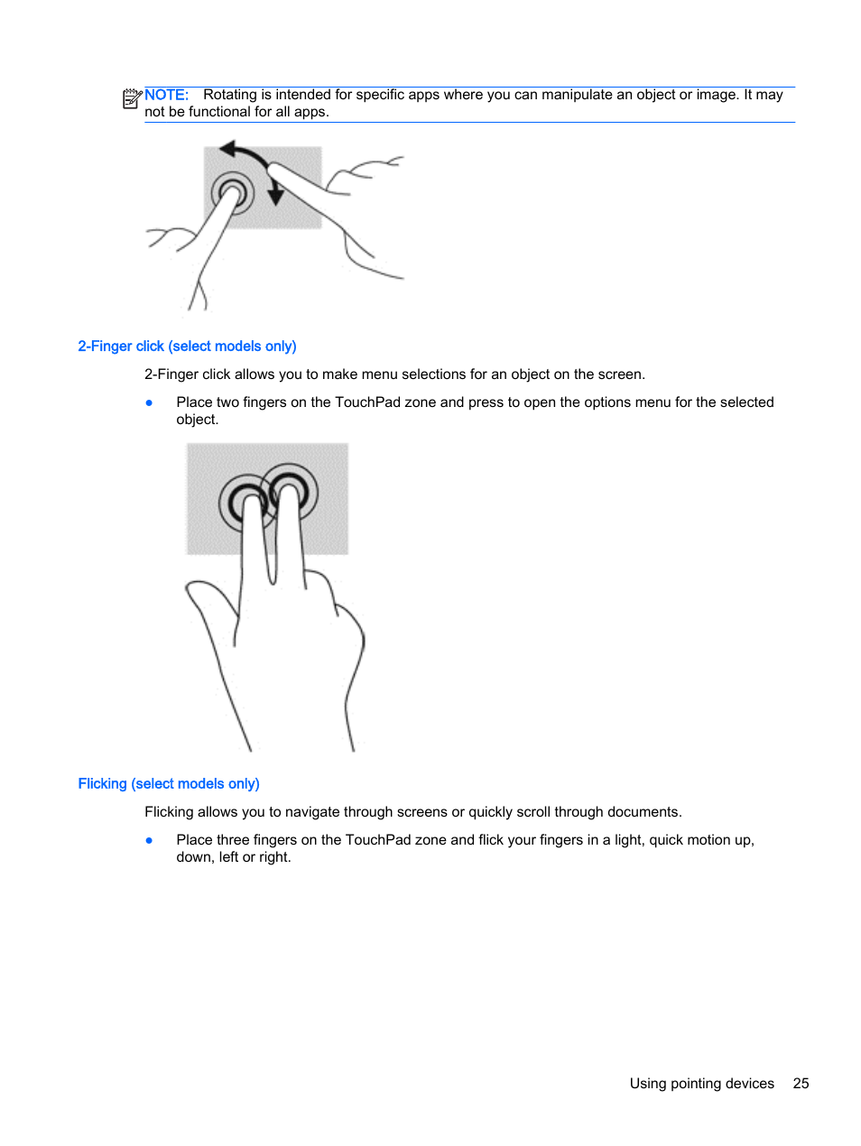 Finger click (select models only), Flicking (select models only) | HP ProBook 455 G1 Notebook PC User Manual | Page 35 / 109