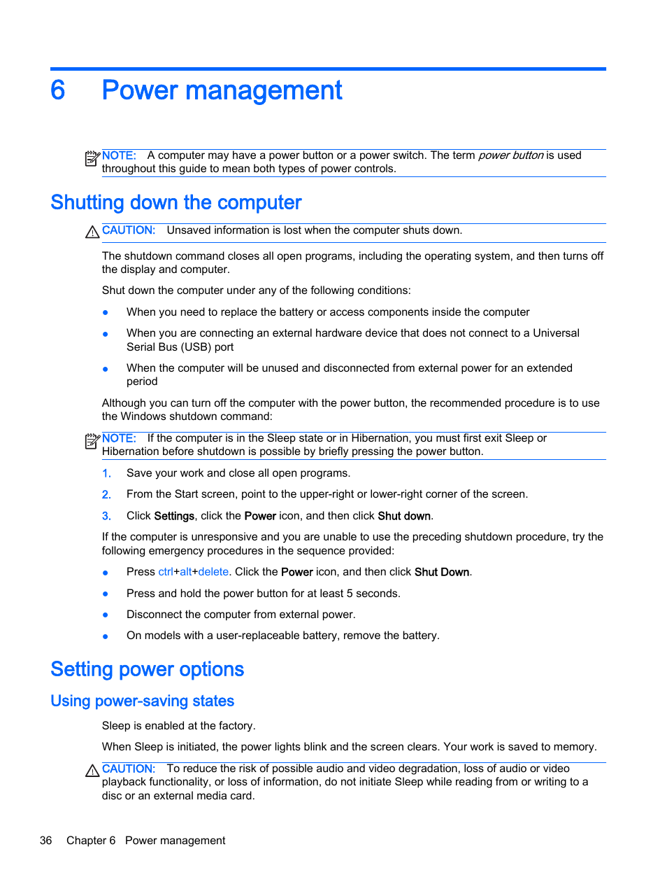 Power management, Shutting down the computer, Setting power options | Using power-saving states, 6 power management, Shutting down the computer setting power options, 6power management | HP ProBook 455 G1 Notebook PC User Manual | Page 46 / 109