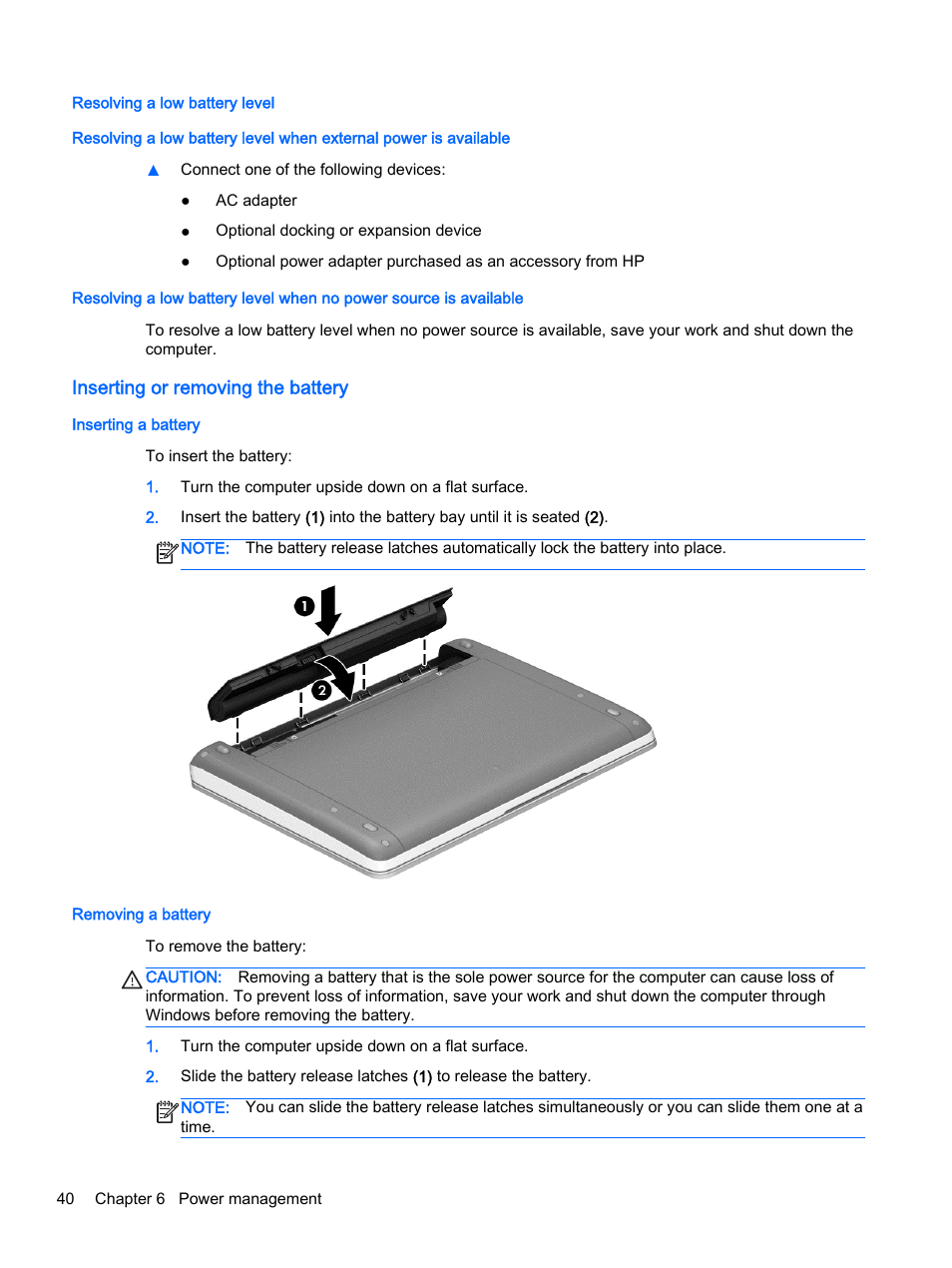 Resolving a low battery level, Inserting or removing the battery, Inserting a battery | Removing a battery, Inserting a battery removing a battery | HP ProBook 455 G1 Notebook PC User Manual | Page 50 / 109