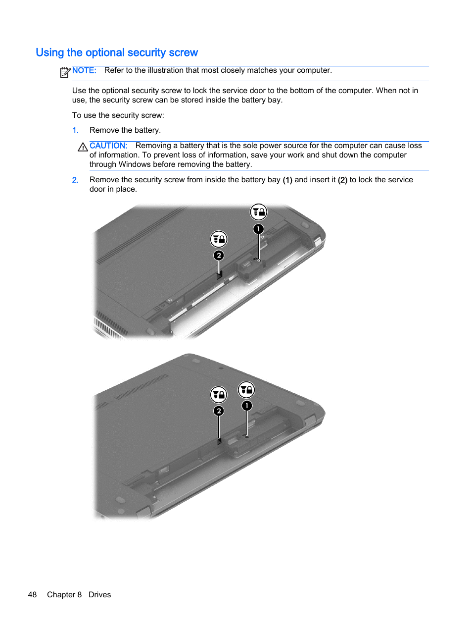 Using the optional security screw | HP ProBook 455 G1 Notebook PC User Manual | Page 58 / 109