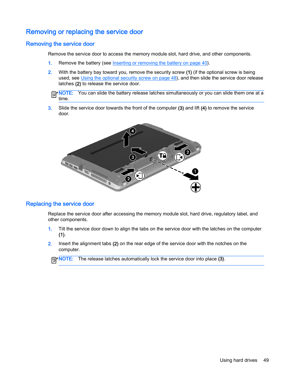 Removing or replacing the service door, Removing the service door, Replacing the service door | HP ProBook 455 G1 Notebook PC User Manual | Page 59 / 109