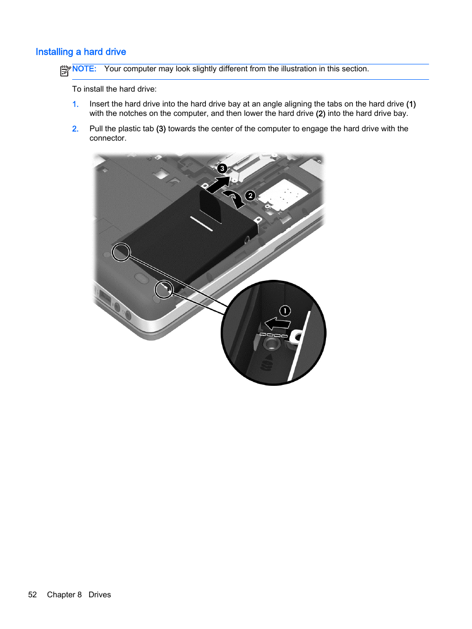 Installing a hard drive | HP ProBook 455 G1 Notebook PC User Manual | Page 62 / 109