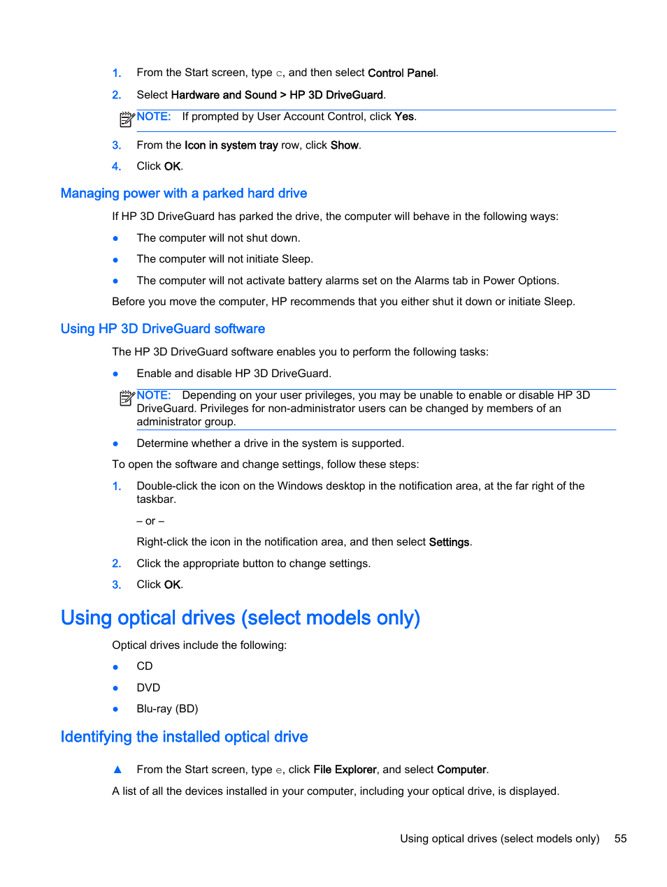 Managing power with a parked hard drive, Using hp 3d driveguard software, Using optical drives (select models only) | Identifying the installed optical drive | HP ProBook 455 G1 Notebook PC User Manual | Page 65 / 109