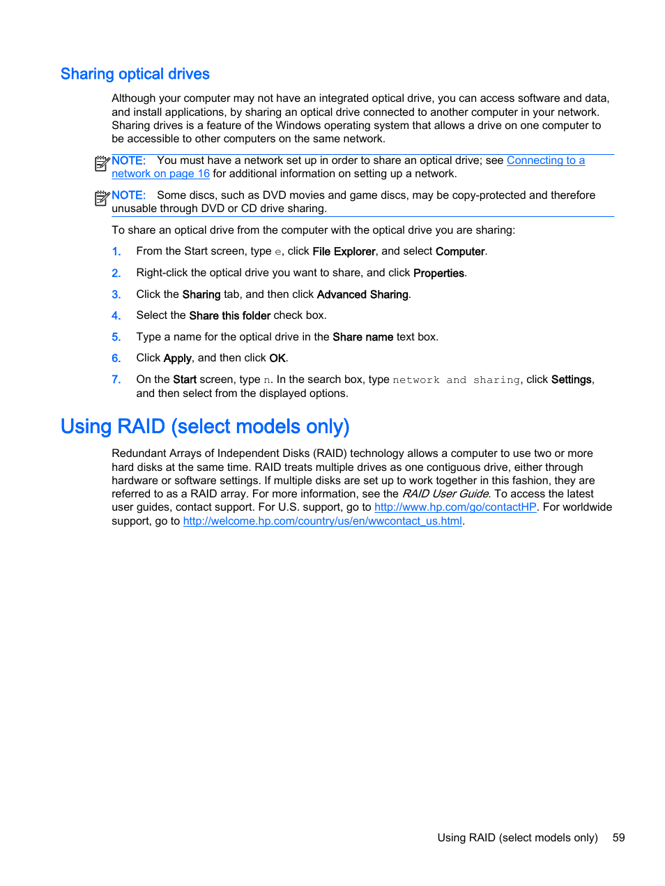 Sharing optical drives, Using raid (select models only) | HP ProBook 455 G1 Notebook PC User Manual | Page 69 / 109