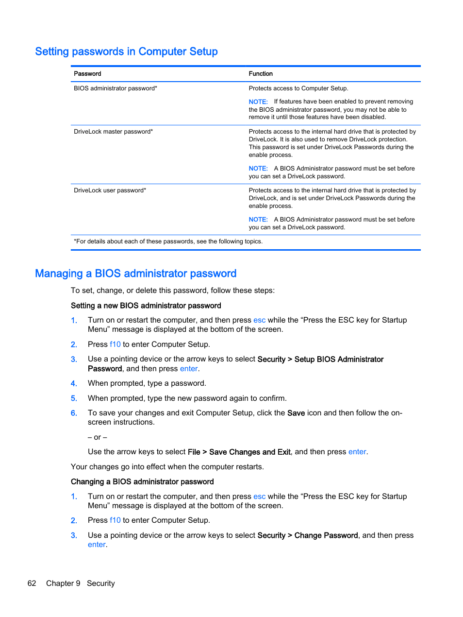 Setting passwords in computer setup, Managing a bios administrator password | HP ProBook 455 G1 Notebook PC User Manual | Page 72 / 109