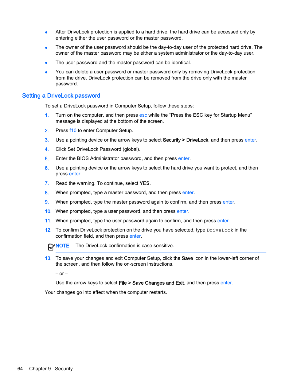 Setting a drivelock password | HP ProBook 455 G1 Notebook PC User Manual | Page 74 / 109