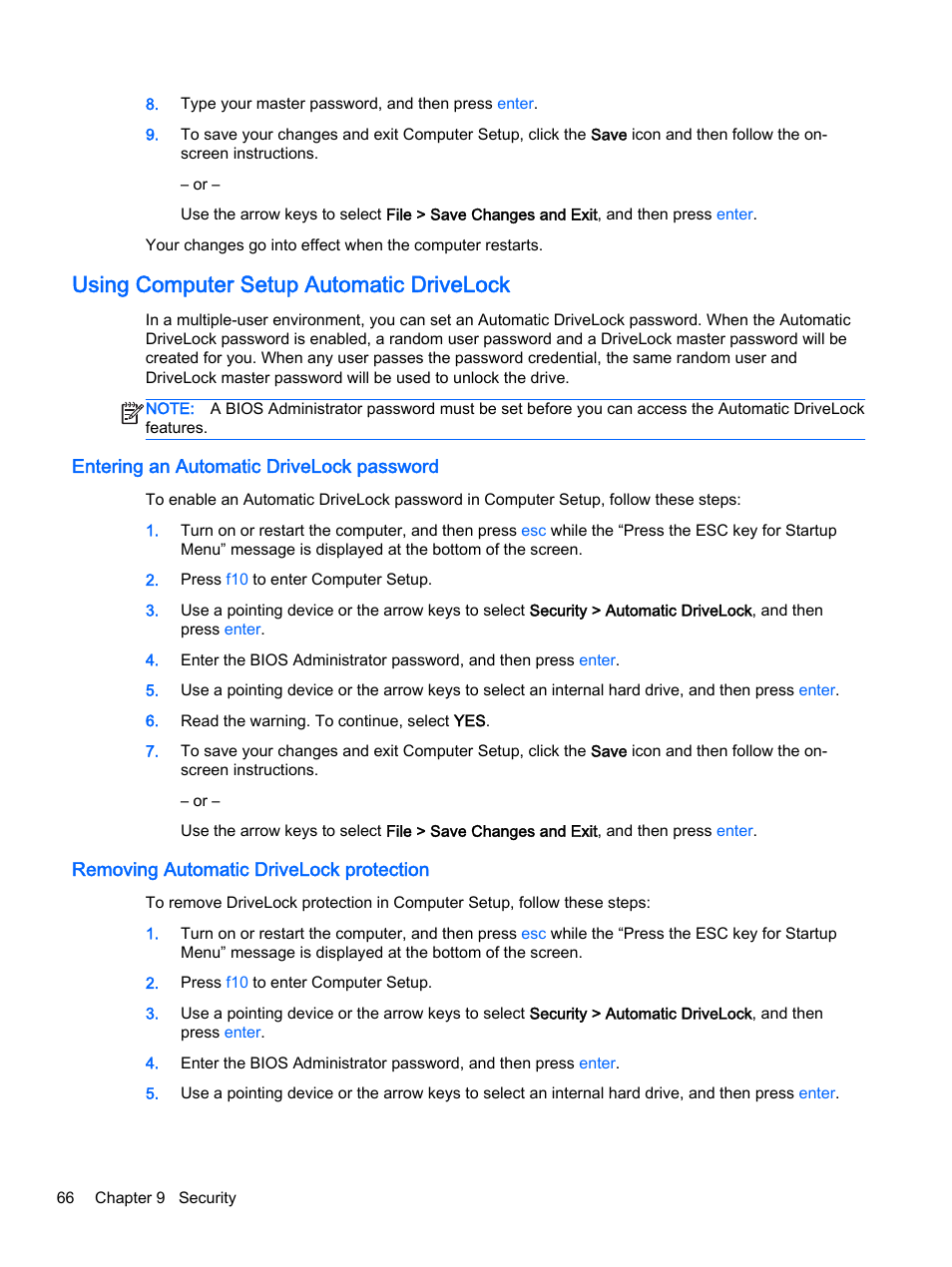 Using computer setup automatic drivelock, Entering an automatic drivelock password, Removing automatic drivelock protection | HP ProBook 455 G1 Notebook PC User Manual | Page 76 / 109