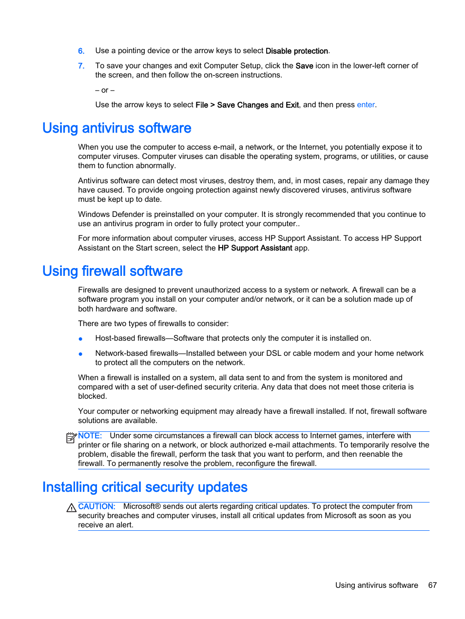 Using antivirus software, Using firewall software, Installing critical security updates | HP ProBook 455 G1 Notebook PC User Manual | Page 77 / 109