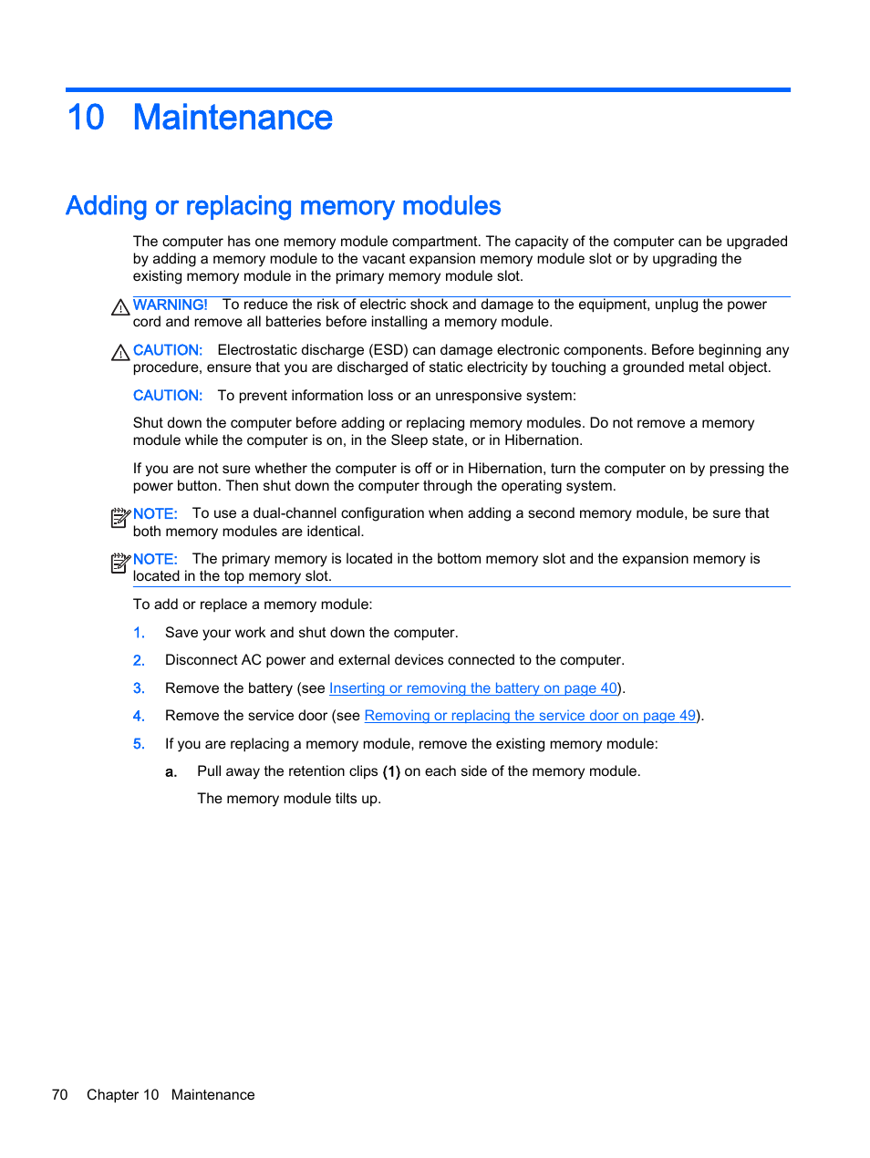 Maintenance, Adding or replacing memory modules, 10 maintenance | HP ProBook 455 G1 Notebook PC User Manual | Page 80 / 109