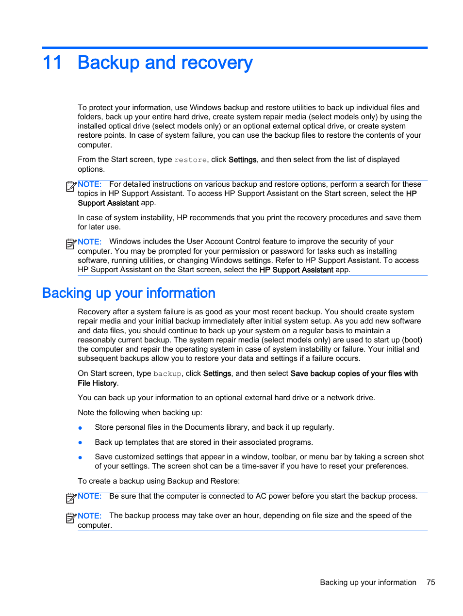 Backup and recovery, Backing up your information, 11 backup and recovery | Backup and | HP ProBook 455 G1 Notebook PC User Manual | Page 85 / 109