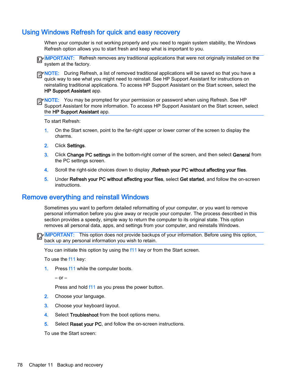 Using windows refresh for quick and easy recovery, Remove everything and reinstall windows | HP ProBook 455 G1 Notebook PC User Manual | Page 88 / 109