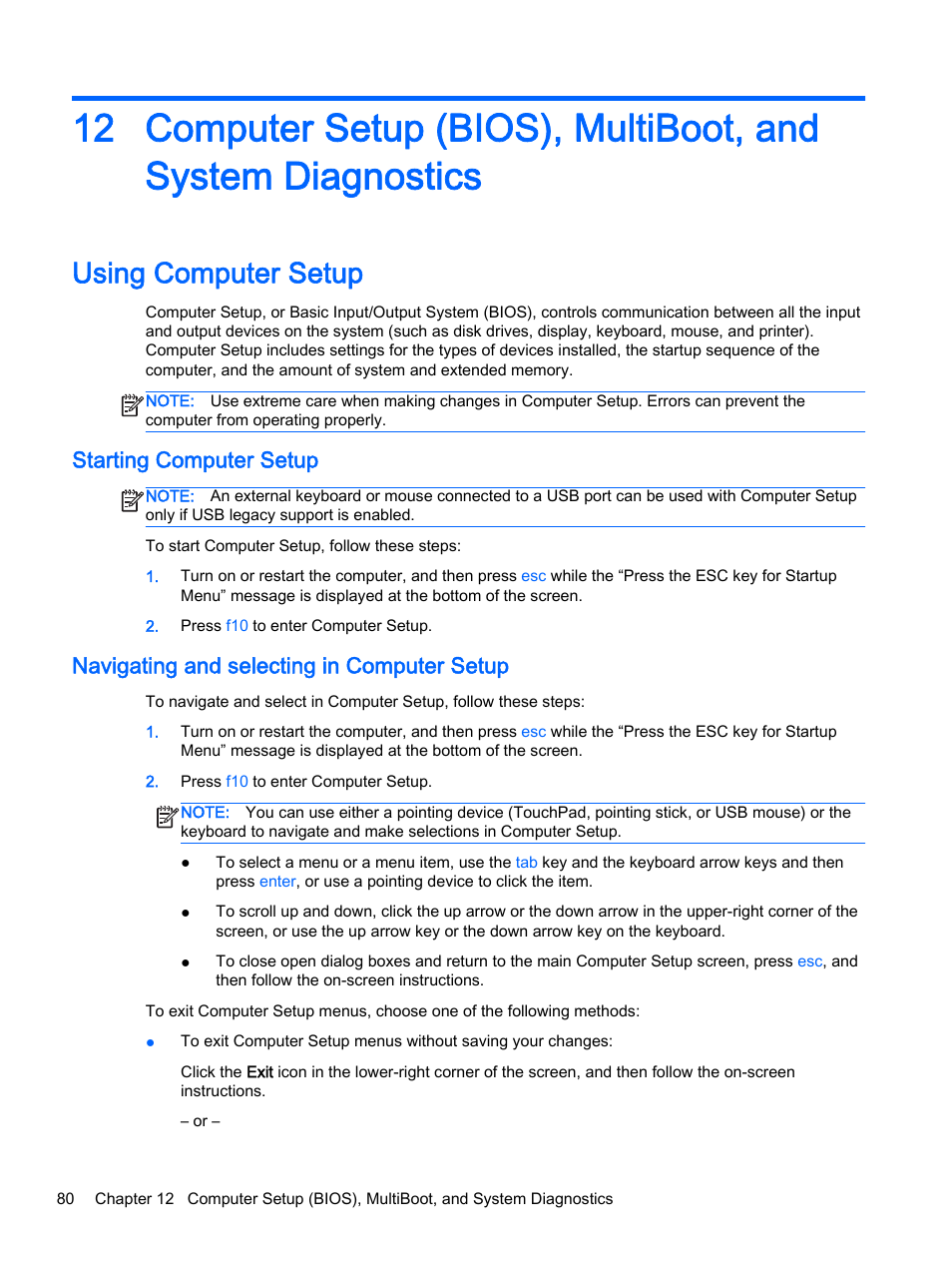 Using computer setup, Starting computer setup, Navigating and selecting in computer setup | HP ProBook 455 G1 Notebook PC User Manual | Page 90 / 109