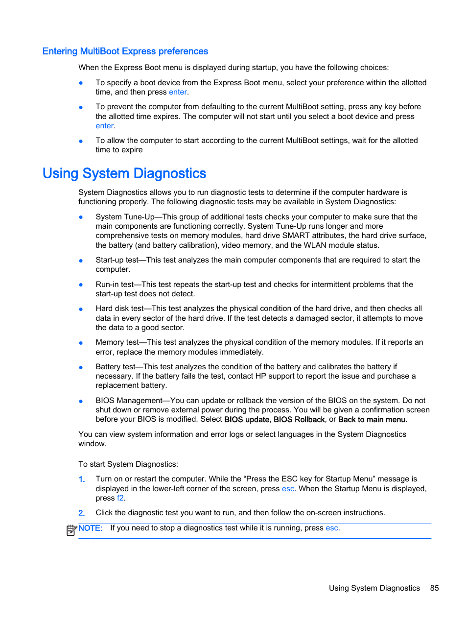 Entering multiboot express preferences, Using system diagnostics | HP ProBook 455 G1 Notebook PC User Manual | Page 95 / 109