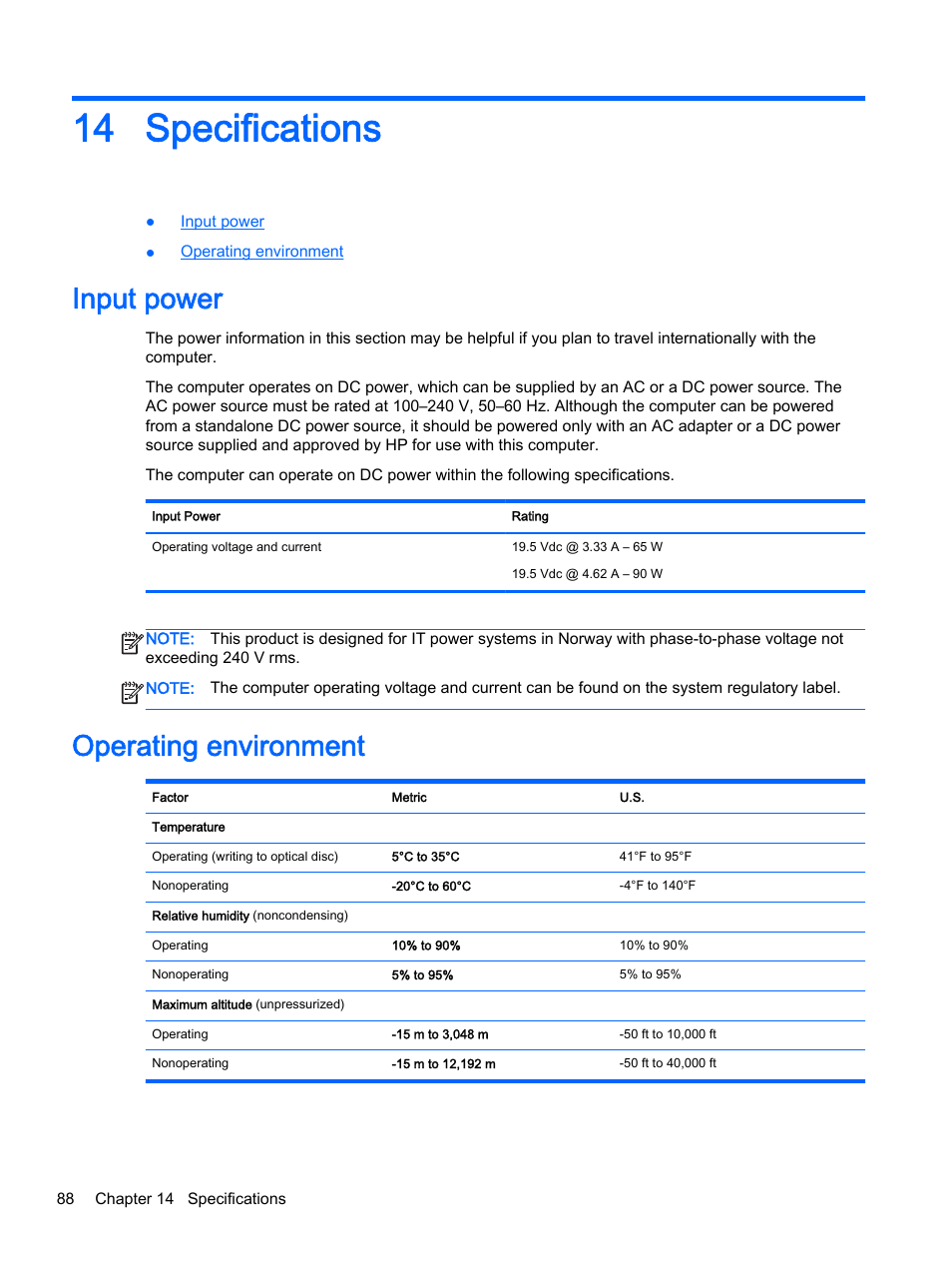 Specifications, Input power, Operating environment | 14 specifications, Input power operating environment | HP ProBook 455 G1 Notebook PC User Manual | Page 98 / 109