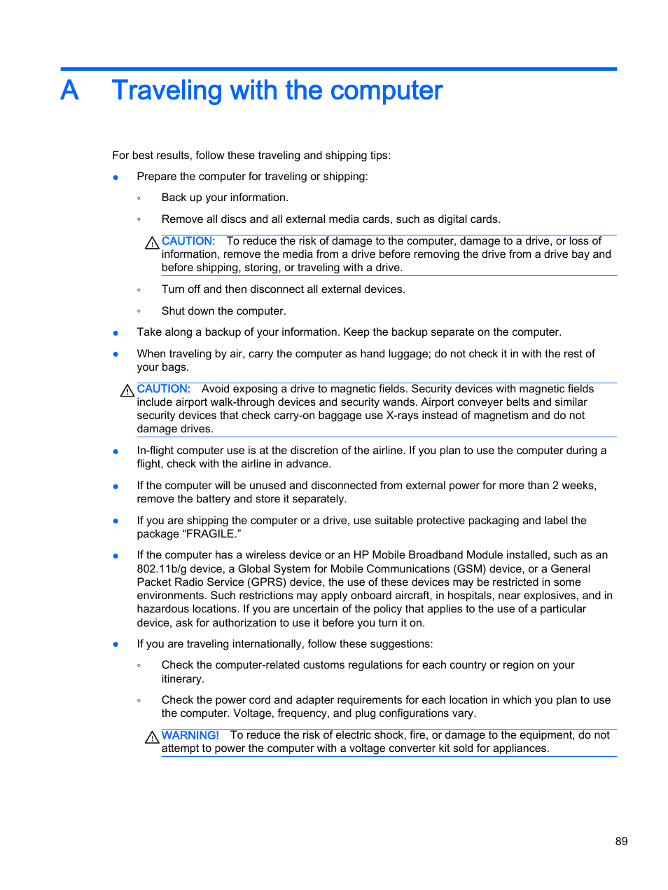 Traveling with the computer, Appendix a traveling with the computer, A traveling with the computer | HP ProBook 455 G1 Notebook PC User Manual | Page 99 / 109