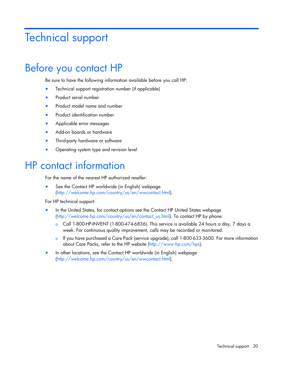 Technical support, Before you contact hp, Hp contact information | HP Virtual Connect FlexFabric 10Gb24-port Module for c-Class BladeSystem User Manual | Page 20 / 21