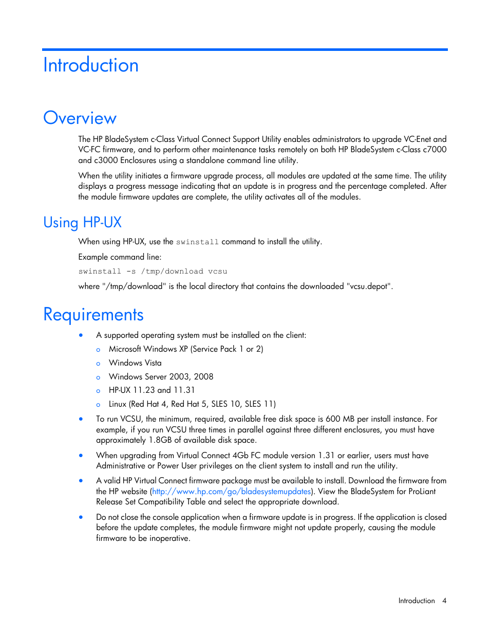 Introduction, Overview, Using hp-ux | Requirements | HP Virtual Connect FlexFabric 10Gb24-port Module for c-Class BladeSystem User Manual | Page 4 / 21