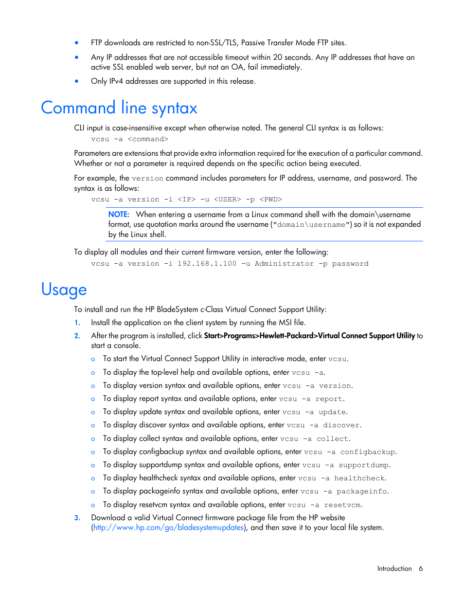 Command line syntax, Usage | HP Virtual Connect FlexFabric 10Gb24-port Module for c-Class BladeSystem User Manual | Page 6 / 21