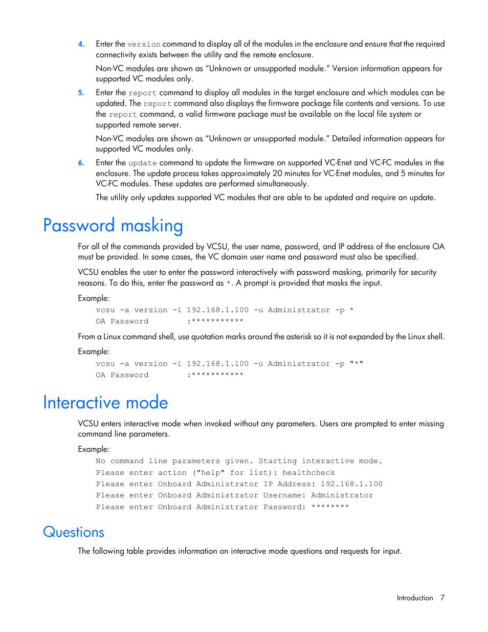 Password masking, Interactive mode, Questions | HP Virtual Connect FlexFabric 10Gb24-port Module for c-Class BladeSystem User Manual | Page 7 / 21