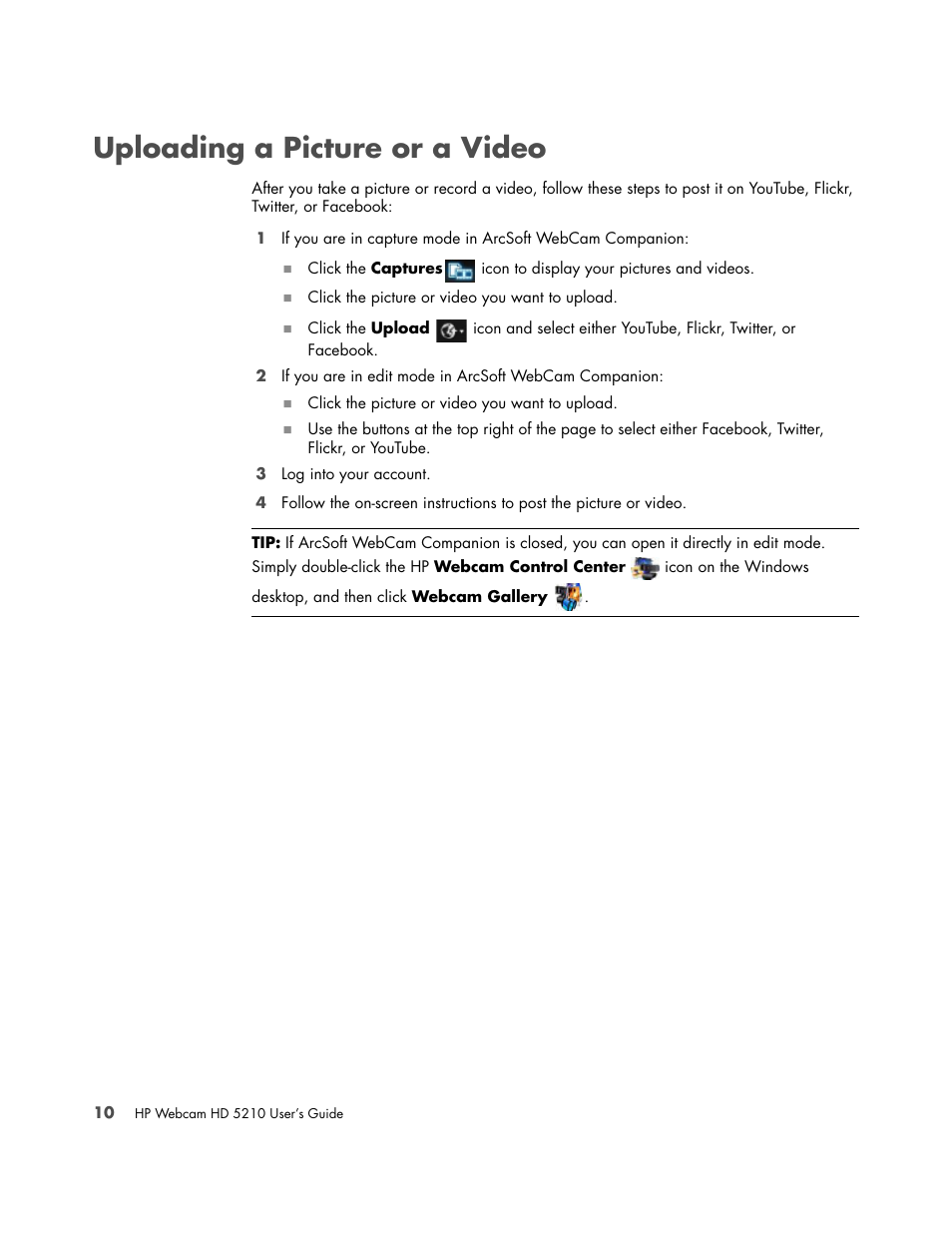 Uploading a picture or a video | HP HD-5210 Webcam User Manual | Page 14 / 24