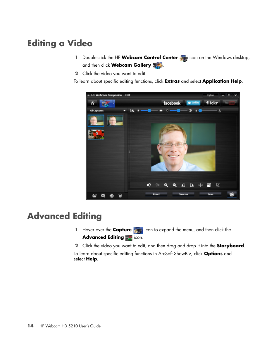 Editing a video, Advanced editing | HP HD-5210 Webcam User Manual | Page 18 / 24