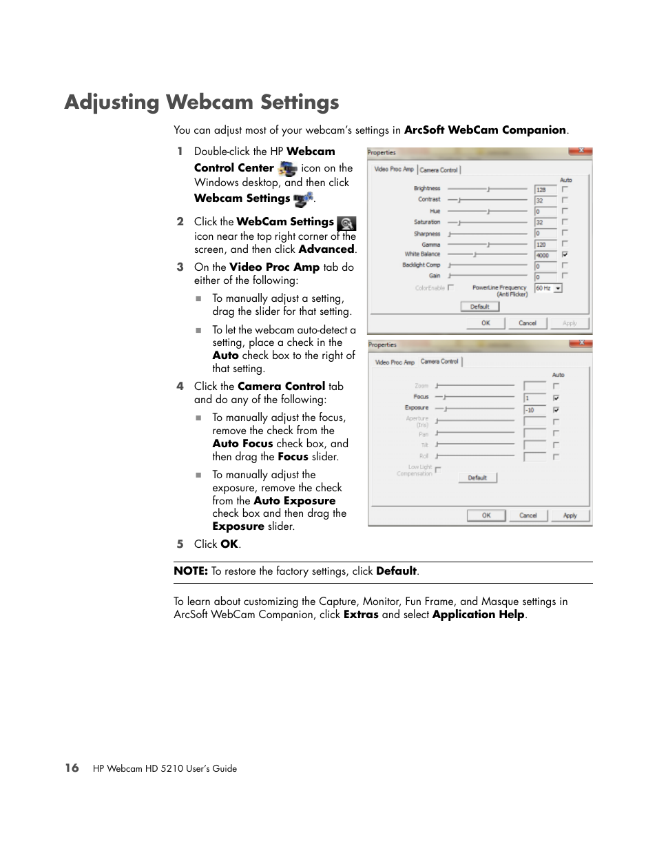 Adjusting webcam settings | HP HD-5210 Webcam User Manual | Page 20 / 24