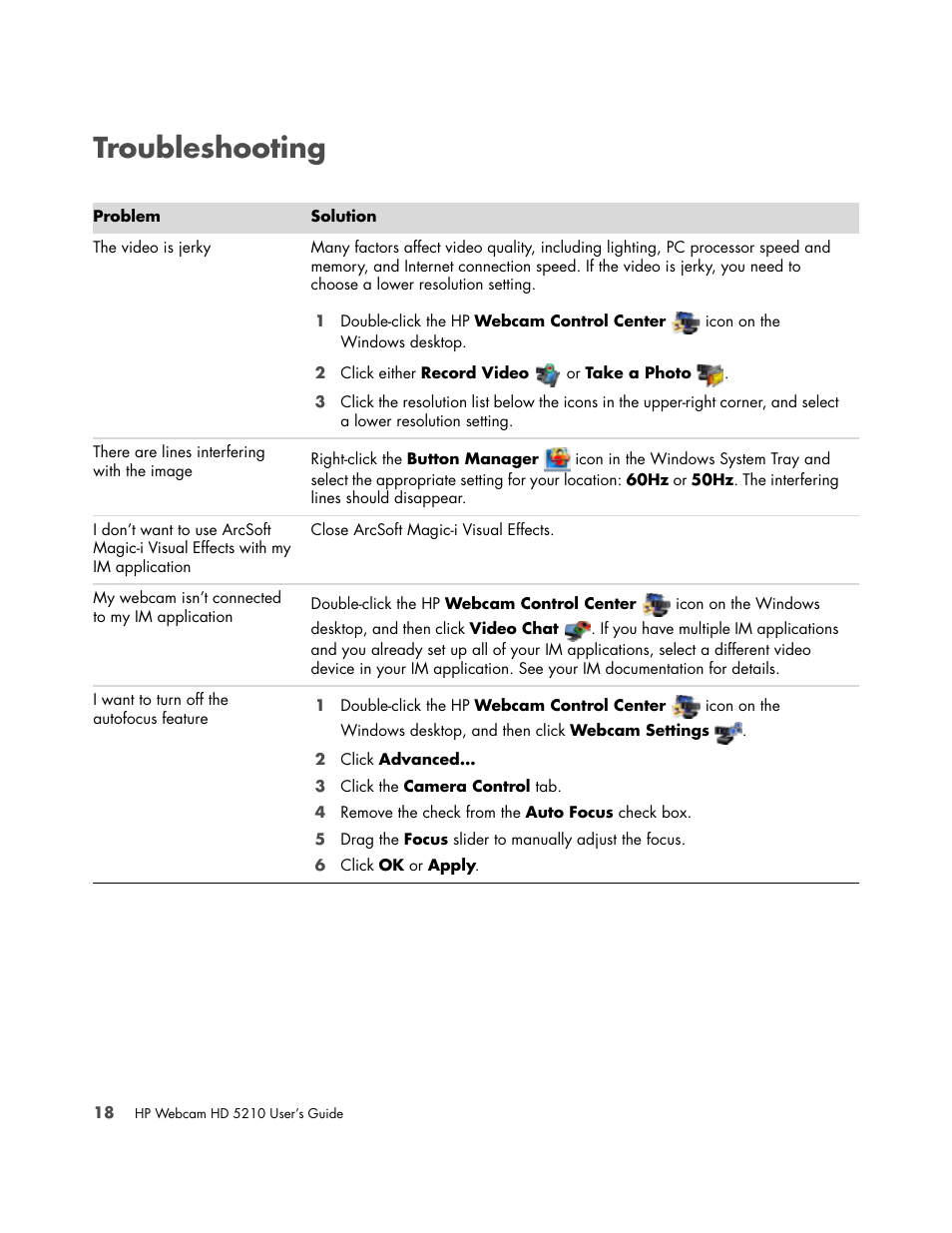 Troubleshooting | HP HD-5210 Webcam User Manual | Page 22 / 24
