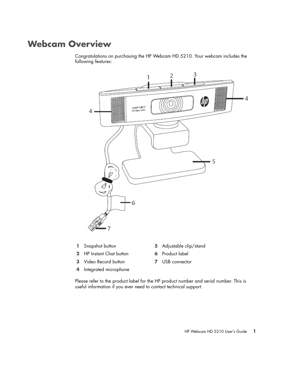 Webcam overview | HP HD-5210 Webcam User Manual | Page 5 / 24