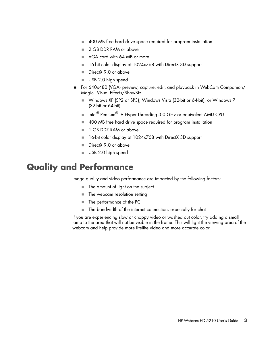 Quality and performance | HP HD-5210 Webcam User Manual | Page 7 / 24