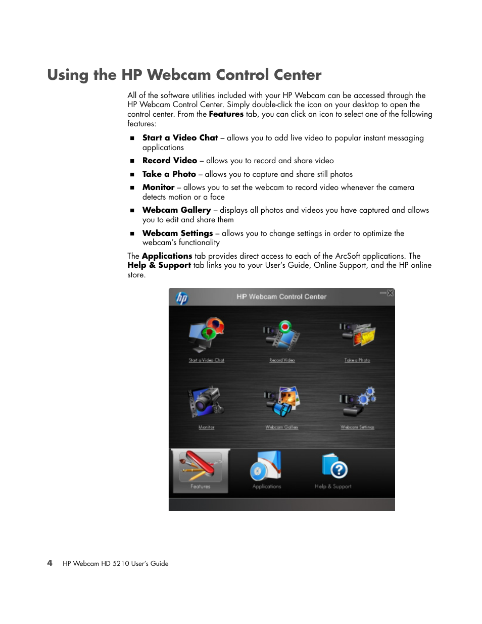 Using the hp webcam control center | HP HD-5210 Webcam User Manual | Page 8 / 24