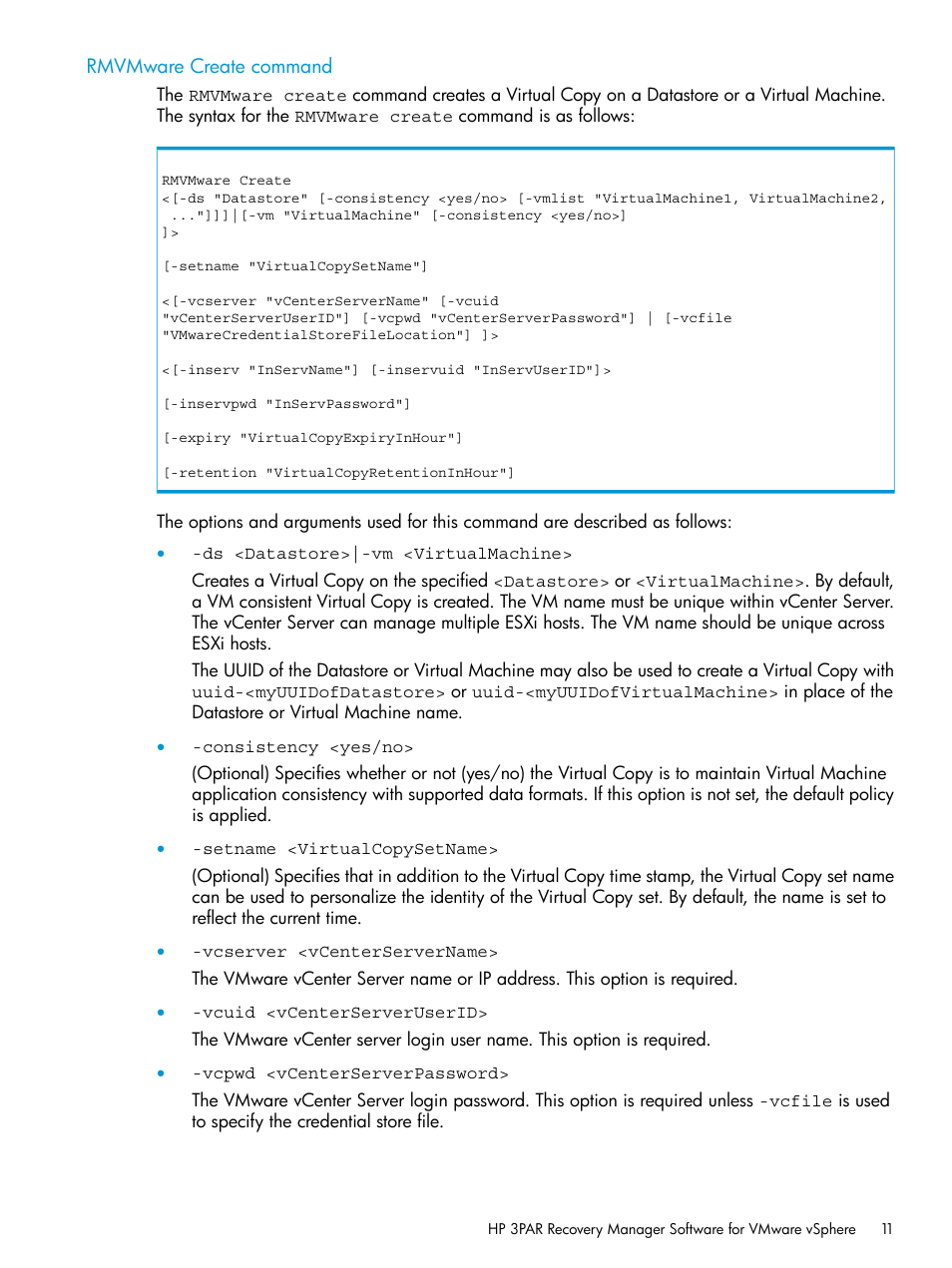 Rmvmware create command | HP 3PAR Application Software Suite for VMware Licenses User Manual | Page 11 / 117
