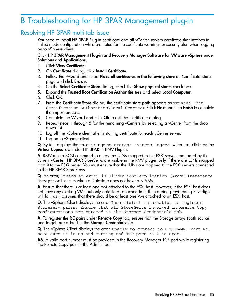 B troubleshooting for hp 3par management plug-in, Resolving hp 3par multi-tab issue | HP 3PAR Application Software Suite for VMware Licenses User Manual | Page 115 / 117