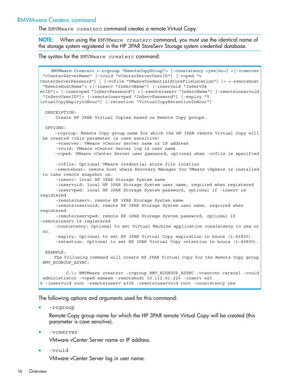 Rmvmware createrc command | HP 3PAR Application Software Suite for VMware Licenses User Manual | Page 14 / 117