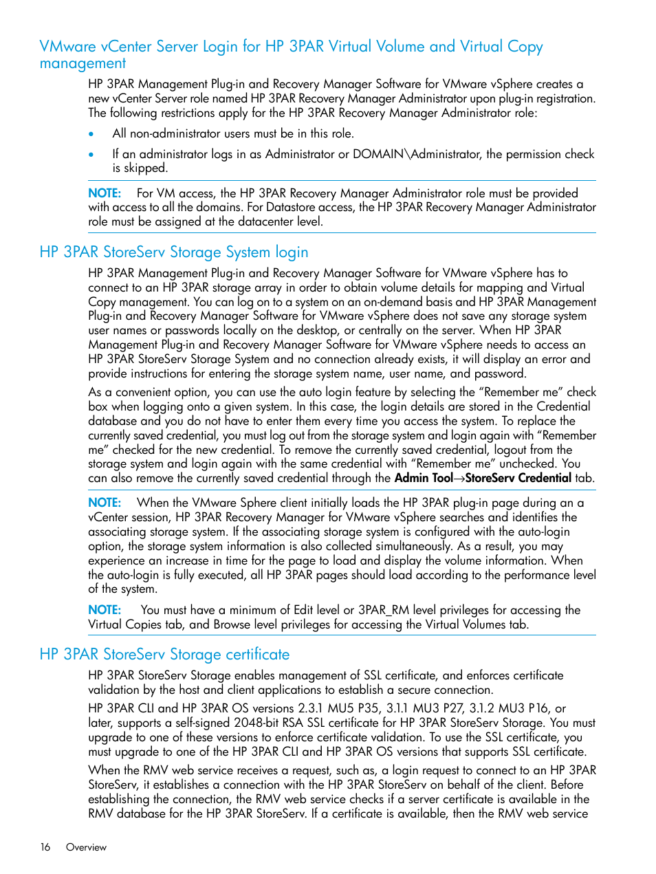 Hp 3par storeserv storage system login, Hp 3par storeserv storage certificate | HP 3PAR Application Software Suite for VMware Licenses User Manual | Page 16 / 117