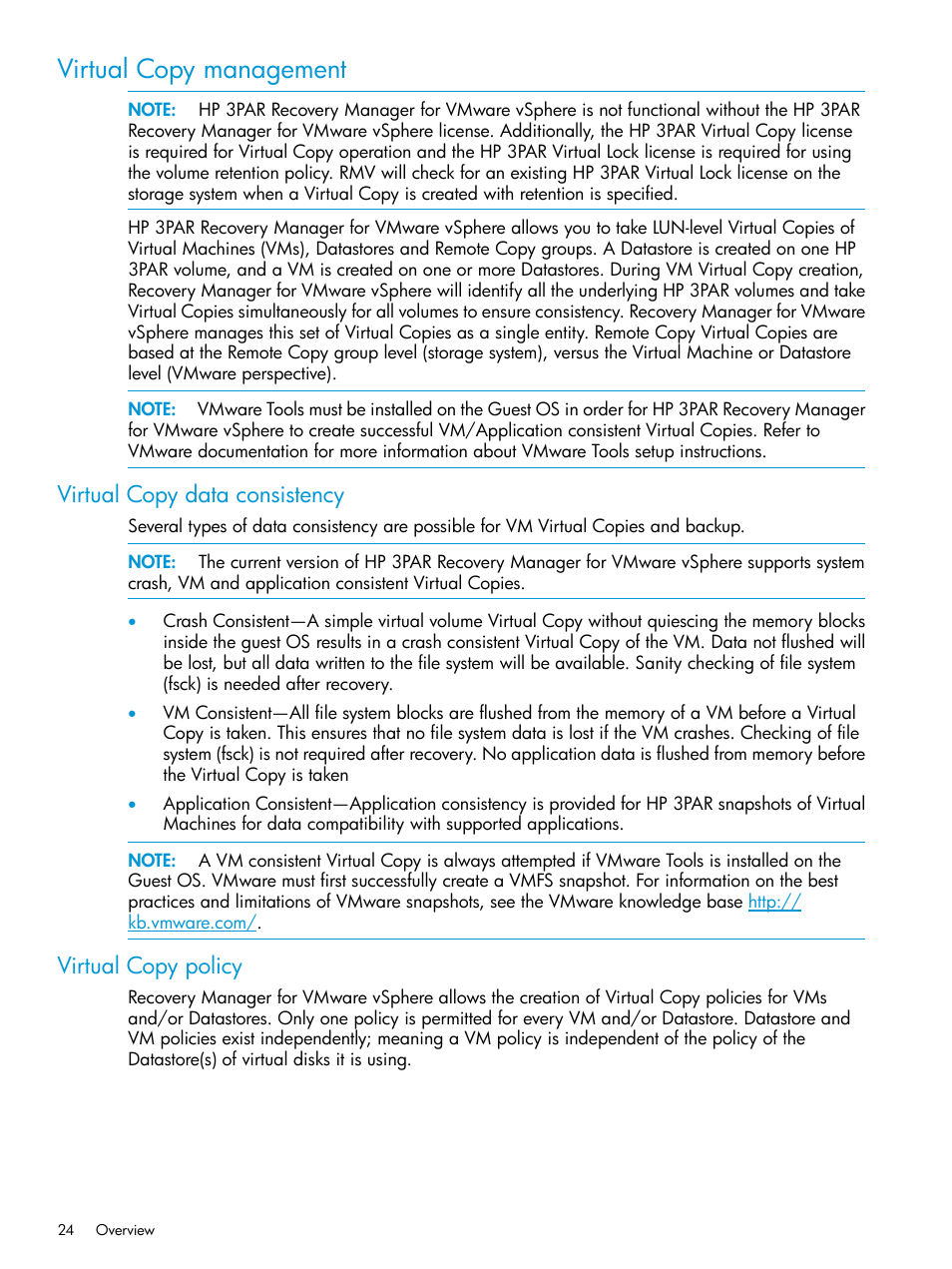 Virtual copy management, Virtual copy data consistency, Virtual copy policy | Virtual copy data consistency virtual copy policy | HP 3PAR Application Software Suite for VMware Licenses User Manual | Page 24 / 117