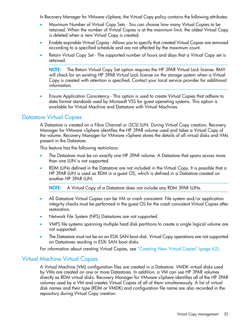 Datastore virtual copies, Virtual machine virtual copies | HP 3PAR Application Software Suite for VMware Licenses User Manual | Page 25 / 117